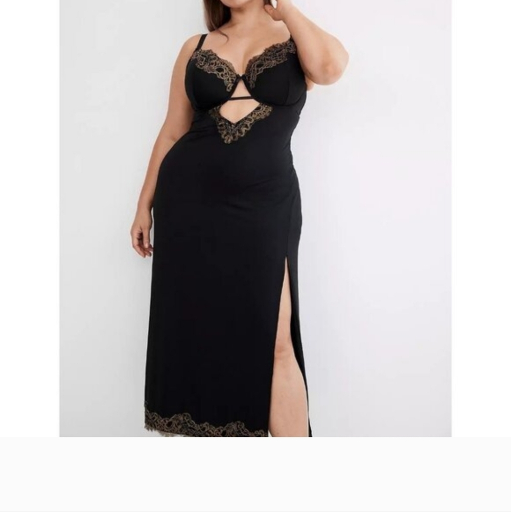 Chemise Slip Black Satin with Gold Lace Trim- Cacique